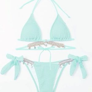 Rhinestones chains decor triangle bikini swimsuit